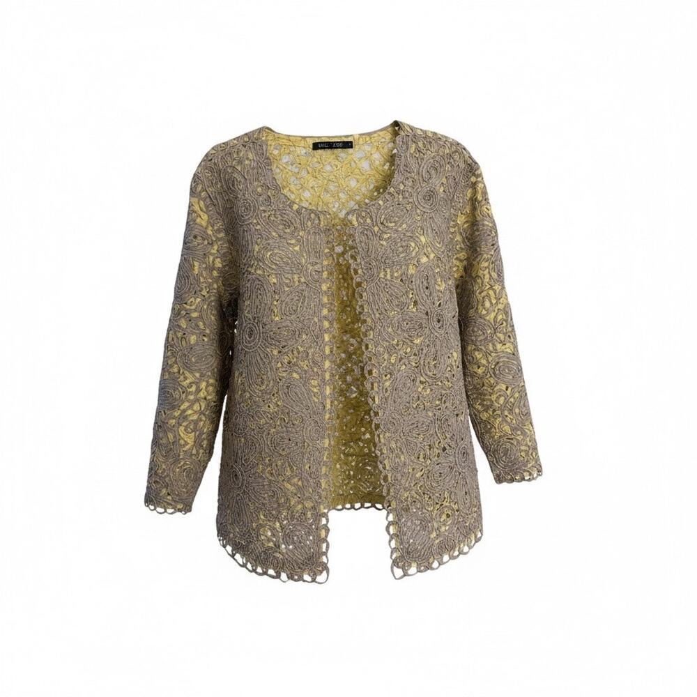 NIC+ZOE L Gray Floral Soutache Lace Open Front Jacket Cardigan 3/4 Sleeve